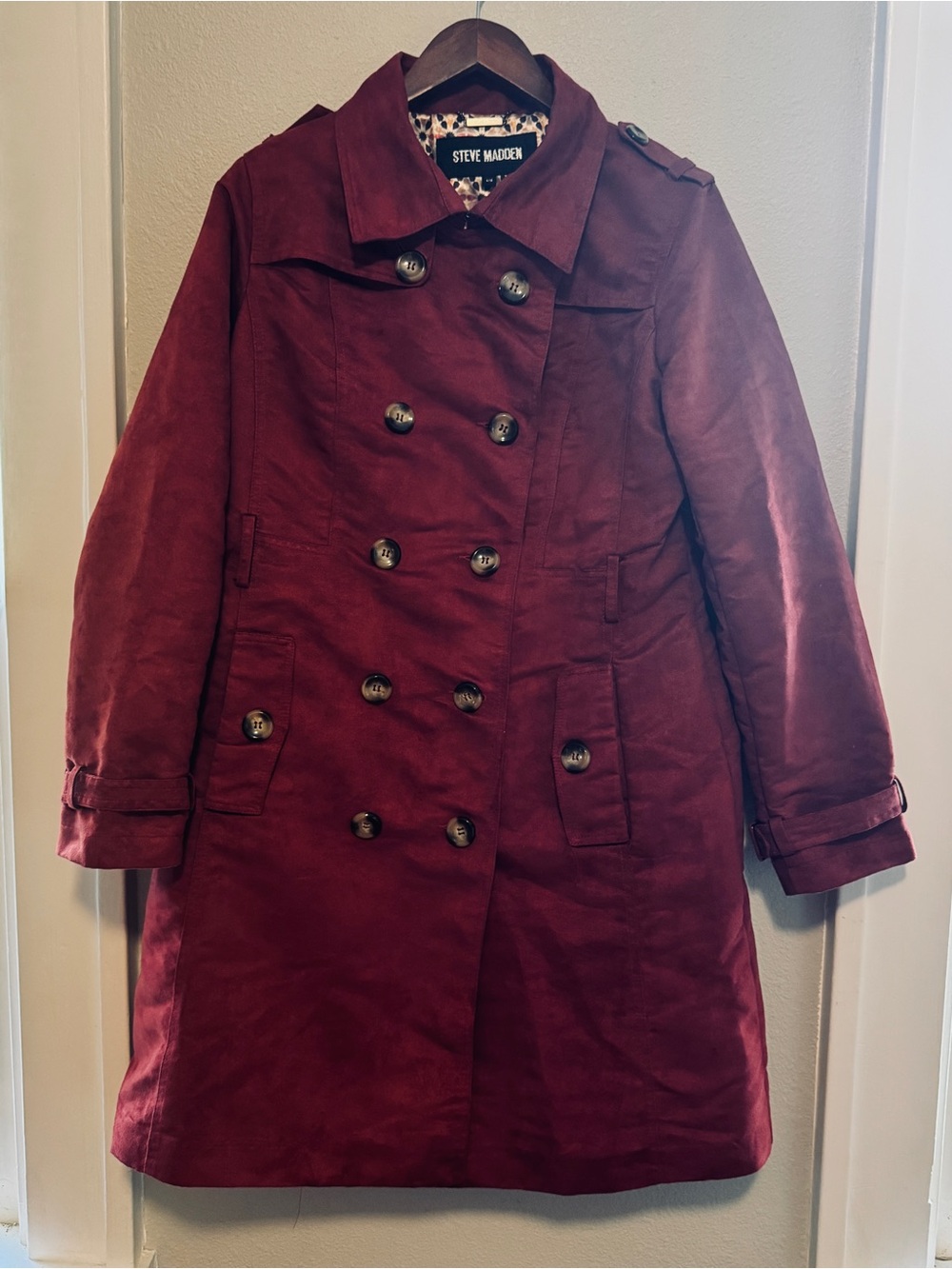 Steve Madden Faux Suede Double-Breasted Trench Coat - Burgundy Midi Jacket